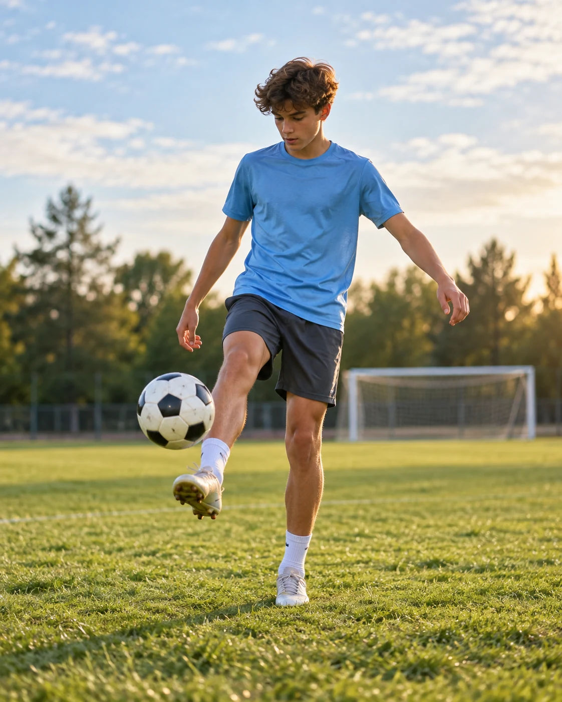 A teenage soccer player practicing ball juggling on a grass field.